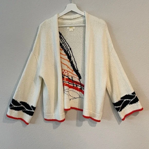 Anthropologie Maeve Maggie Cardigan nautical Sweater Embroidery Sailboat M/L - Picture 2 of 7
